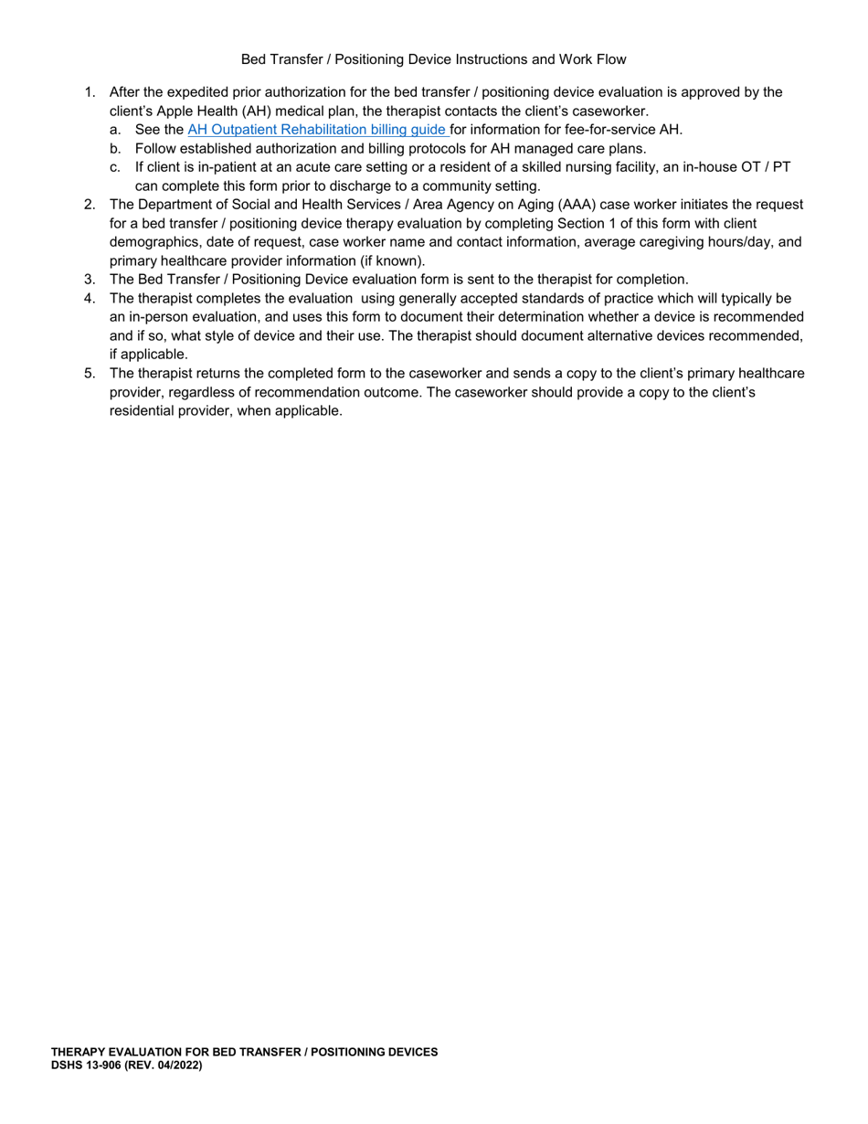 DSHS Form 13-906 Therapy Evaluation for Bed Transfer / Positioning Devices (Typically Bed or Side Rails) - Washington, Page 3
