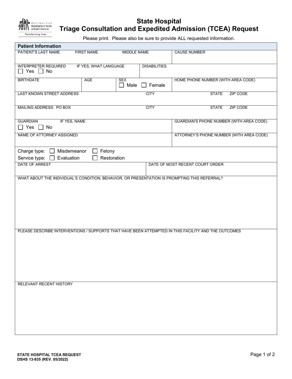 DSHS Form 13935 Download Printable PDF or Fill Online State Hospital