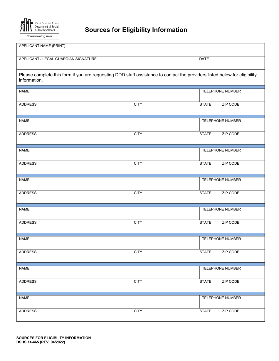 DSHS Form 14-465 Sources for Eligibility Information - Washington, Page 1