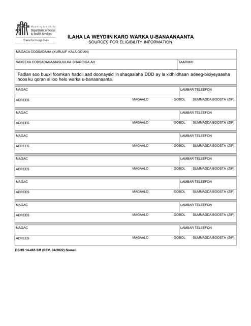 DSHS Form 14-465 Sources for Eligibility Information - Washington (Somali)