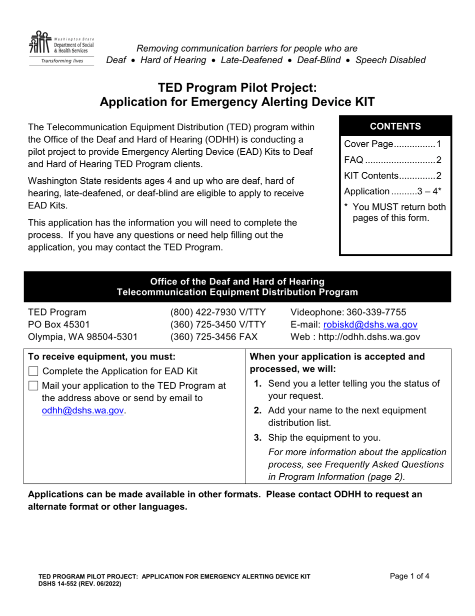 DSHS Form 14-552 Ted Program Pilot Project: Application for Emergency Alerting Device Kit - Washington, Page 1