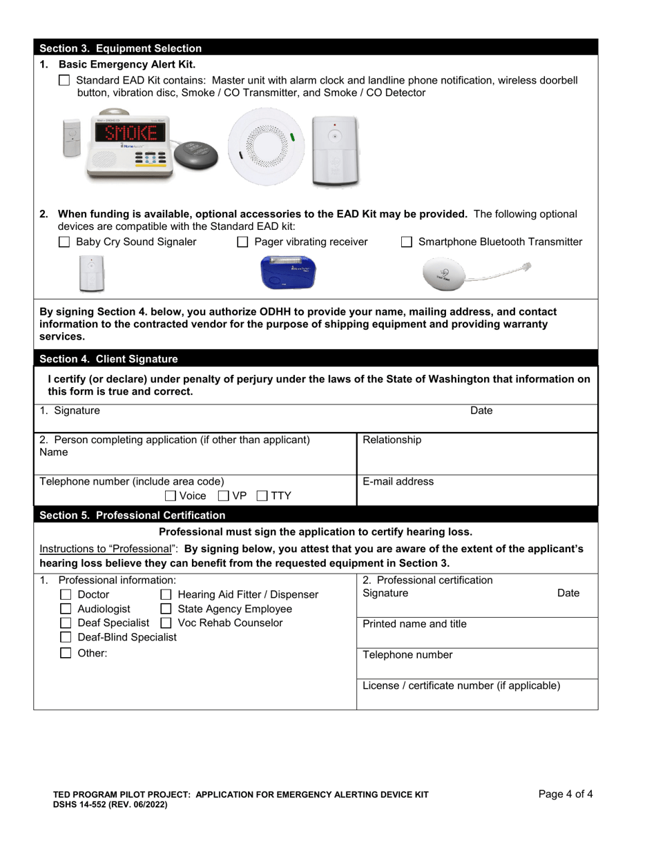 DSHS Form 14-552 Ted Program Pilot Project: Application for Emergency Alerting Device Kit - Washington, Page 4