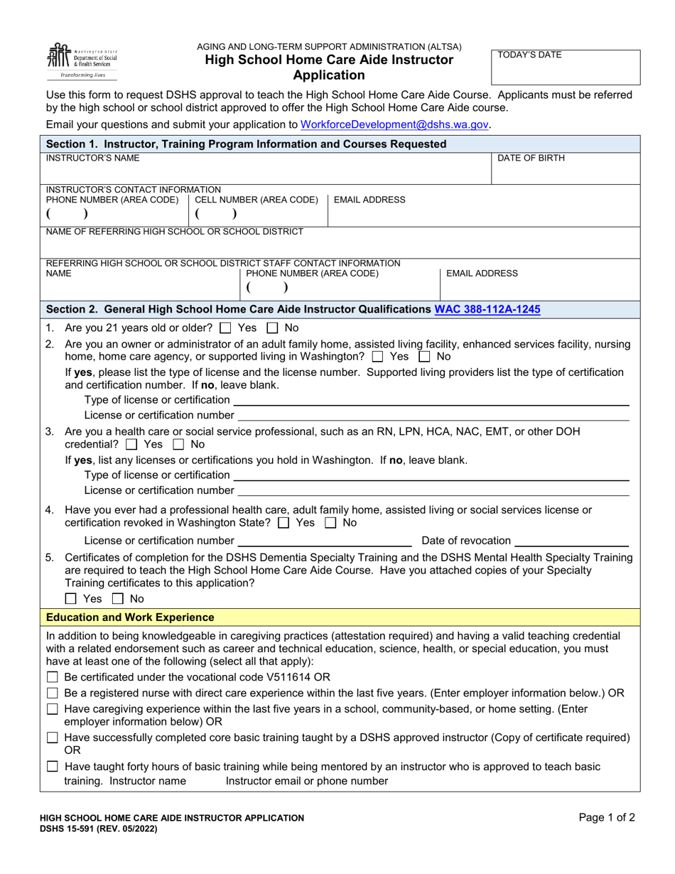 DSHS Form 15-591 High School Home Care Aide Instructor Application - Washington, Page 1