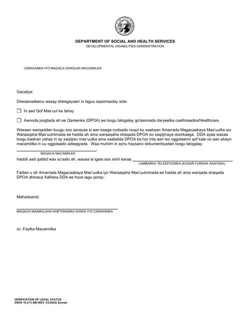 DSHS Form 16-213 Verification of Legal Status - Washington (Somali)
