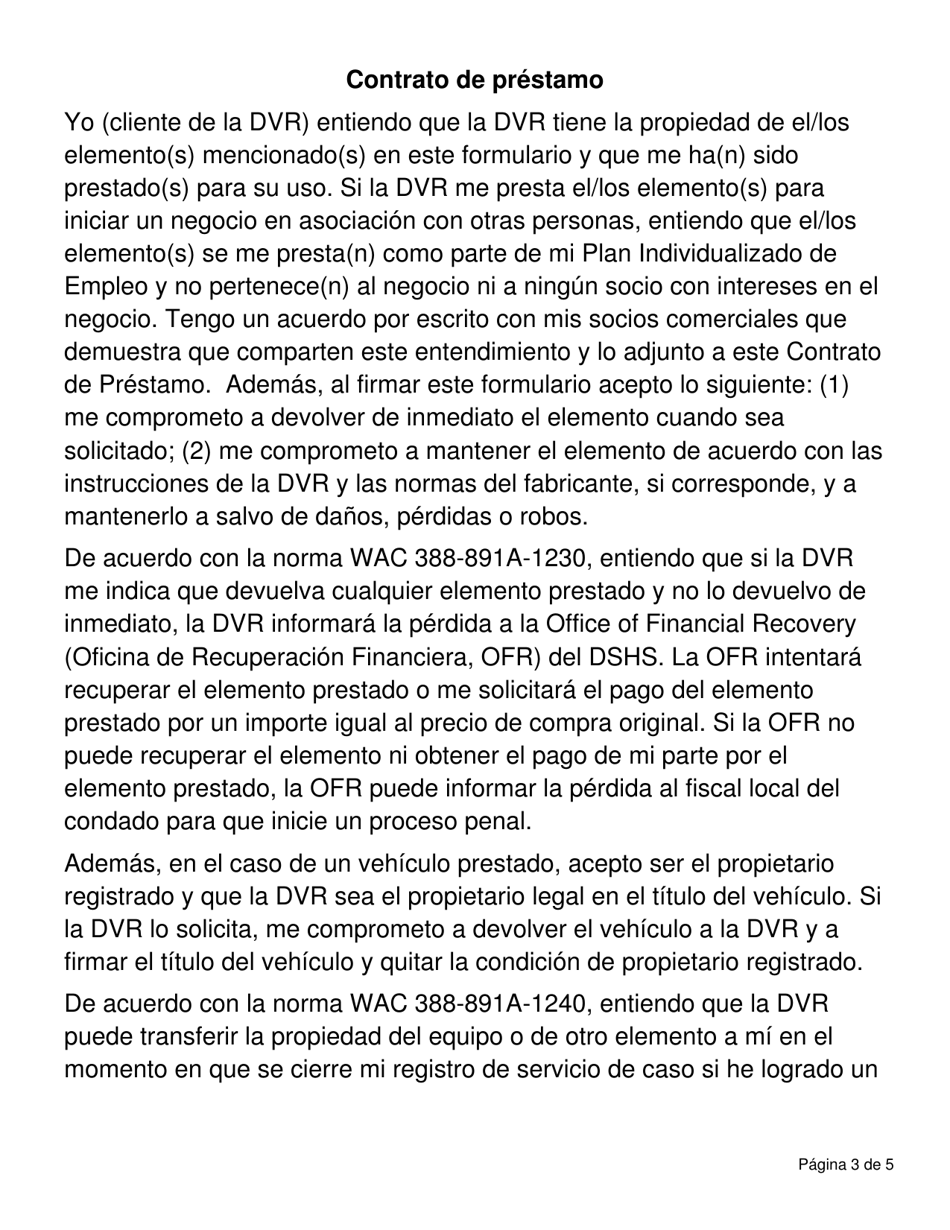 DSHS Formulario 19-074 Contrato De Prestamo De Herramientas, Equipos, Inventario Y Suministros Iniciales, Y Dispositivos - Washington (Spanish), Page 3