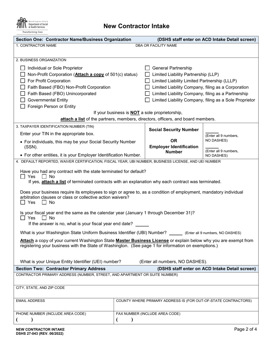 DSHS Form 27-043 New Contractor Intake - Washington, Page 2