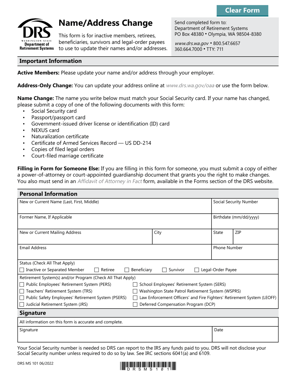 Form DRS MS101 Name / Address Change - Washington, Page 1