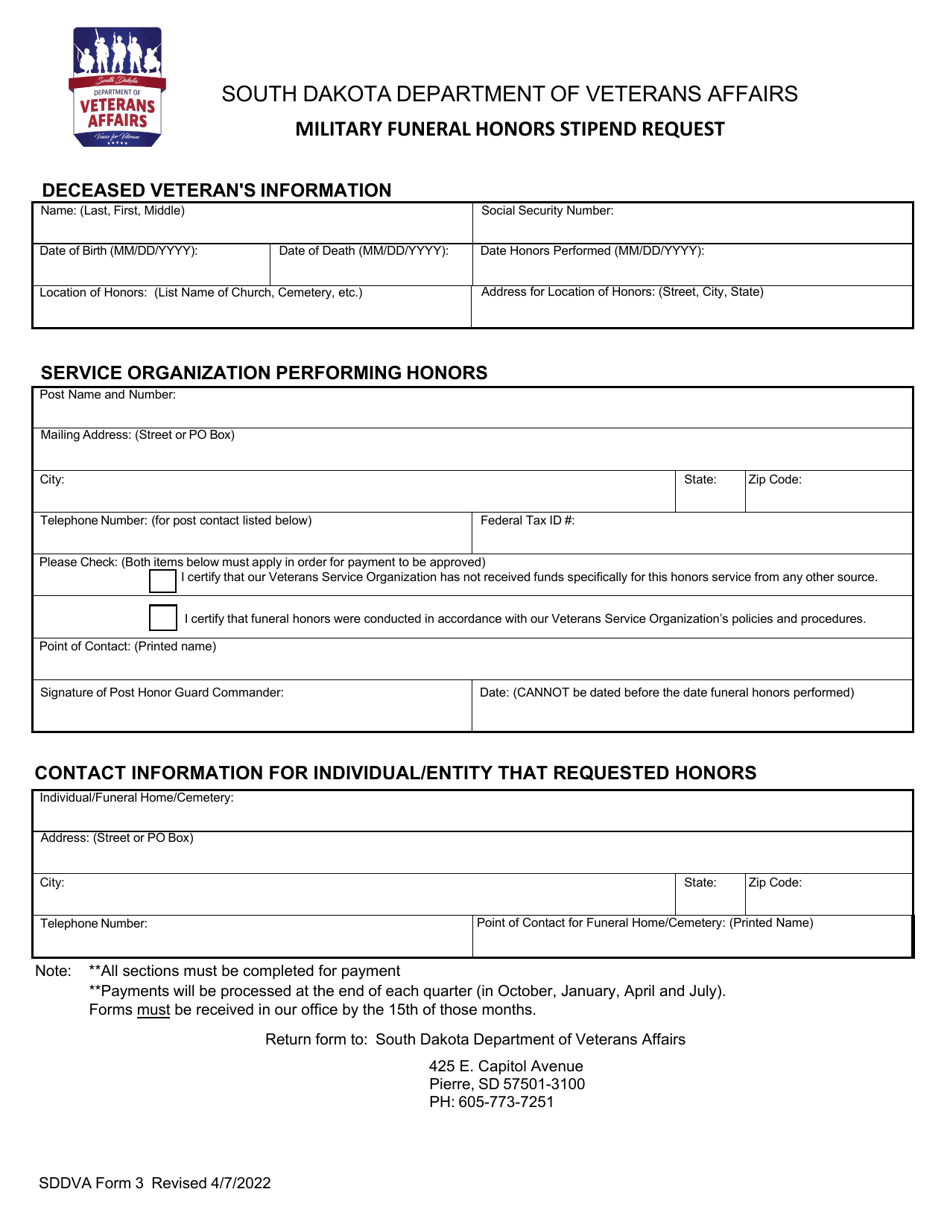 SDDVA Form 3 Military Funeral Honors Stipend Request - South Dakota, Page 1