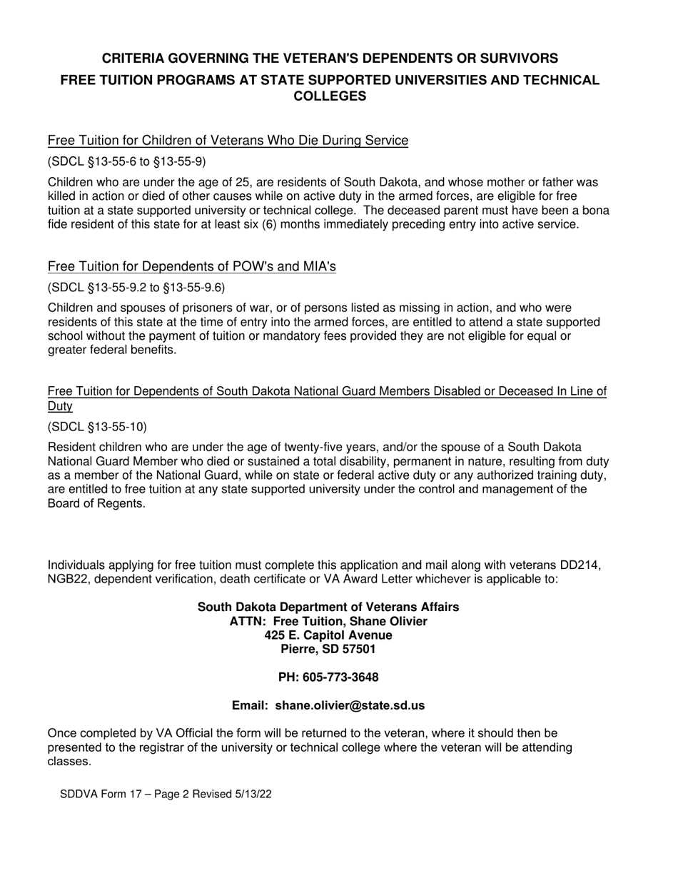 SDDVA Form 17 Download Fillable PDF or Fill Online Veteran's Dependents