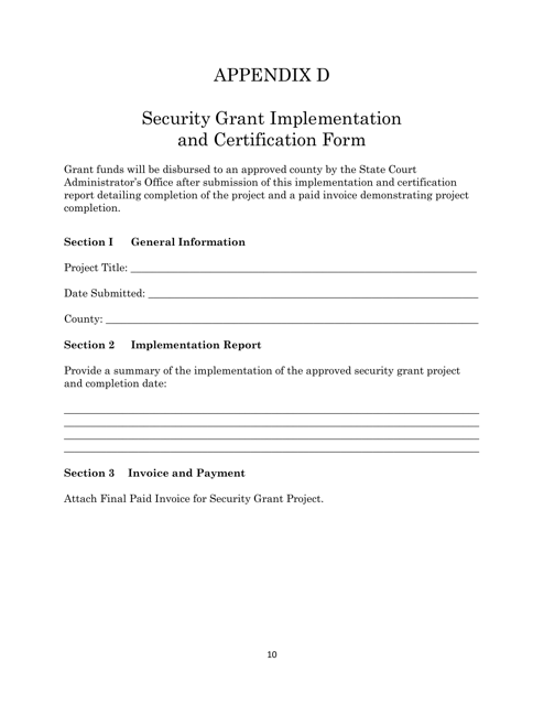 Appendix D Security Grant Implementation and Certification Form - South Dakota