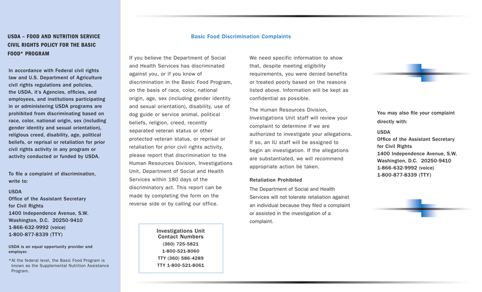 DSHS Form 22-552 Discrimination Complaint - Nondiscrimination in the Basic Food Program - Washington, Page 2