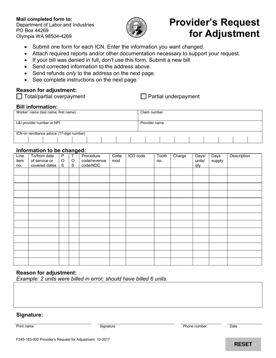 Form F245-183-000 Providers Request for Adjustment - Washington, Page 1