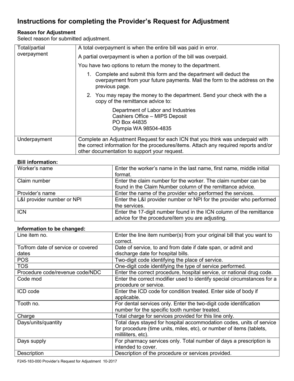 Form F245-183-000 Providers Request for Adjustment - Washington, Page 2