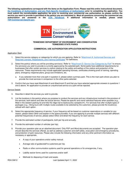 Instructions for Commercial Use Authorization Application - Tennessee Download Pdf