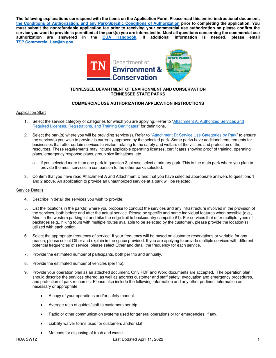 Instructions for Commercial Use Authorization Application - Tennessee, Page 1