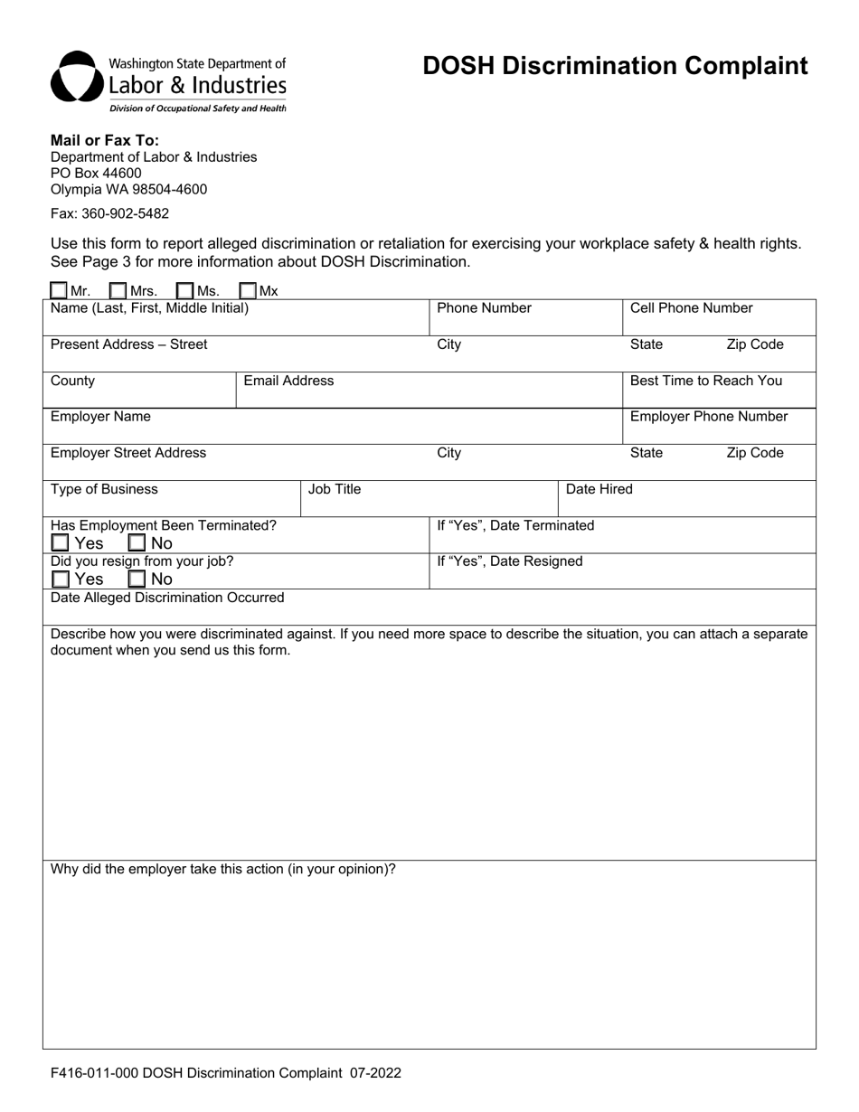 Form F416-011-000 Dosh Discrimination Complaint - Washington, Page 1