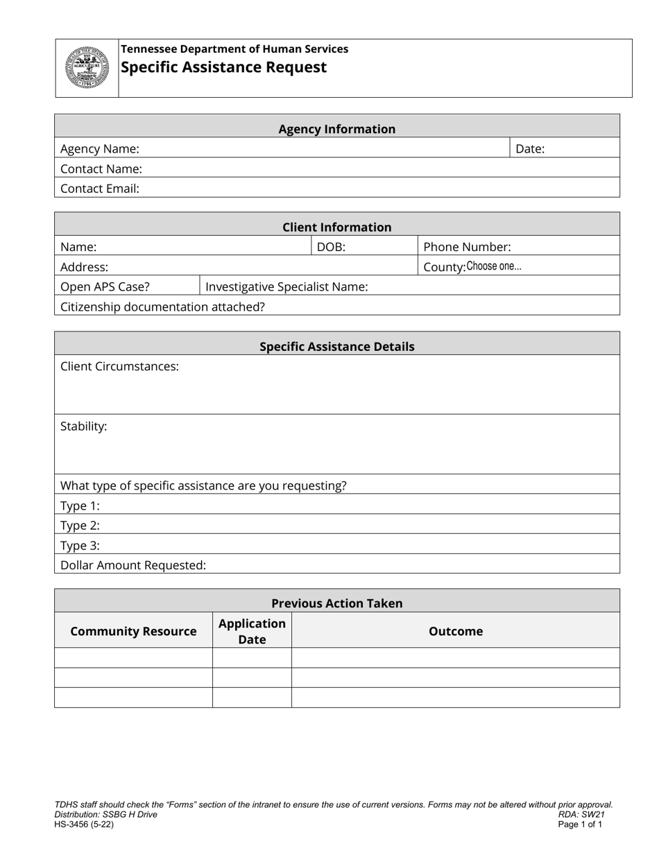 Form HS-3456 Specific Assistance Request - Tennessee, Page 1