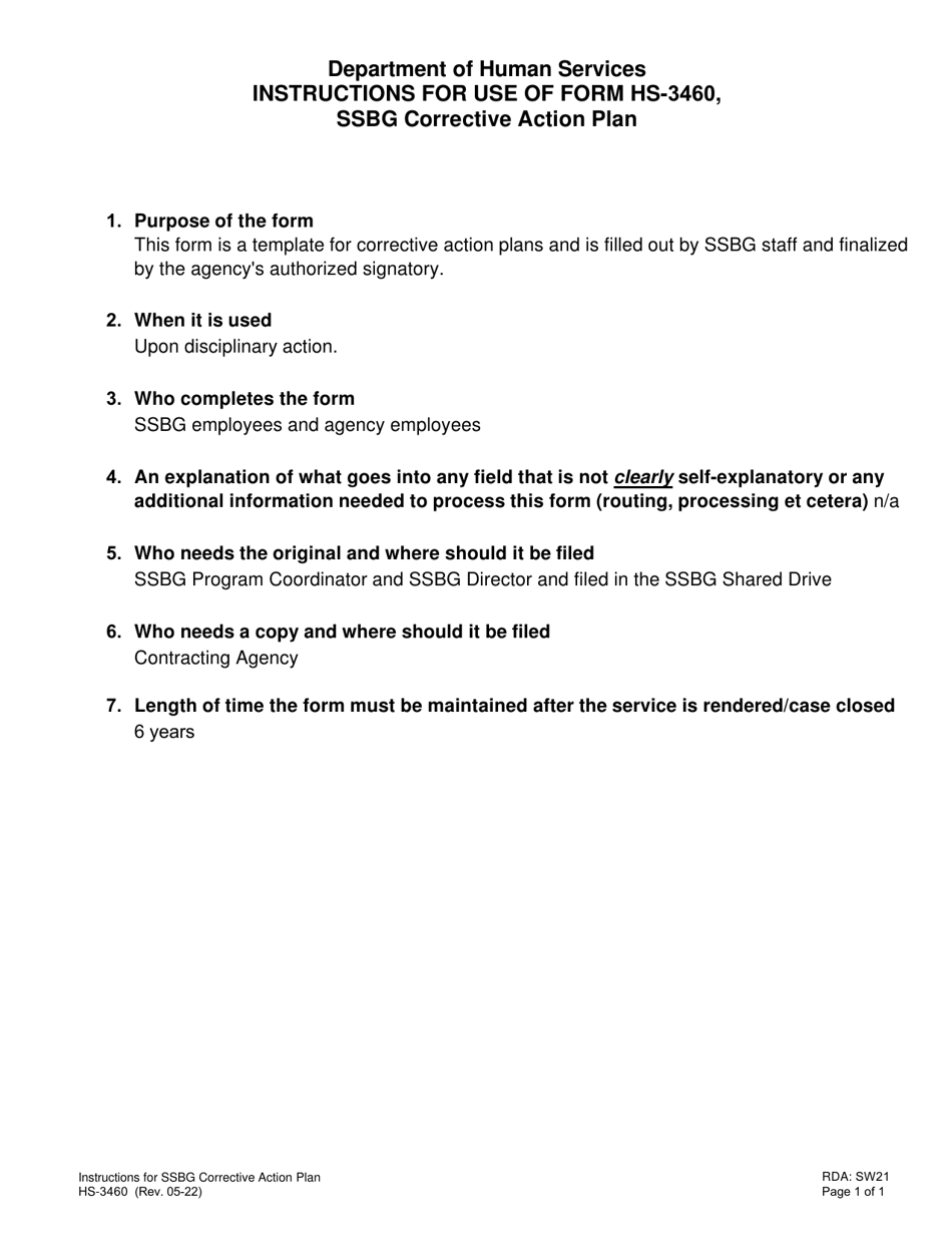 Instructions for Form HS-3460 Ssbg Corrective Action Plan - Tennessee, Page 1