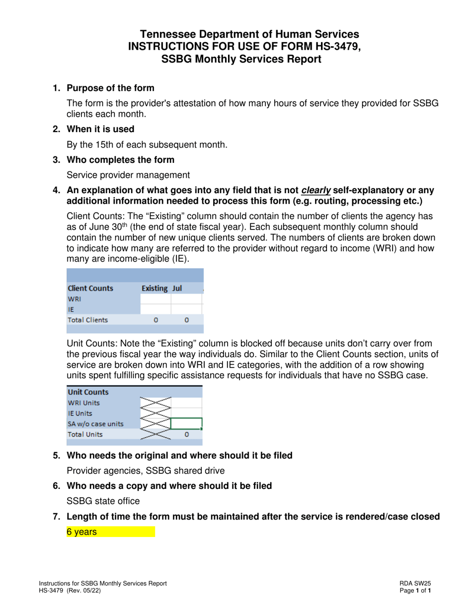 Instructions for Form HS-3479 Ssbg Monthly Services Report - Tennessee, Page 1