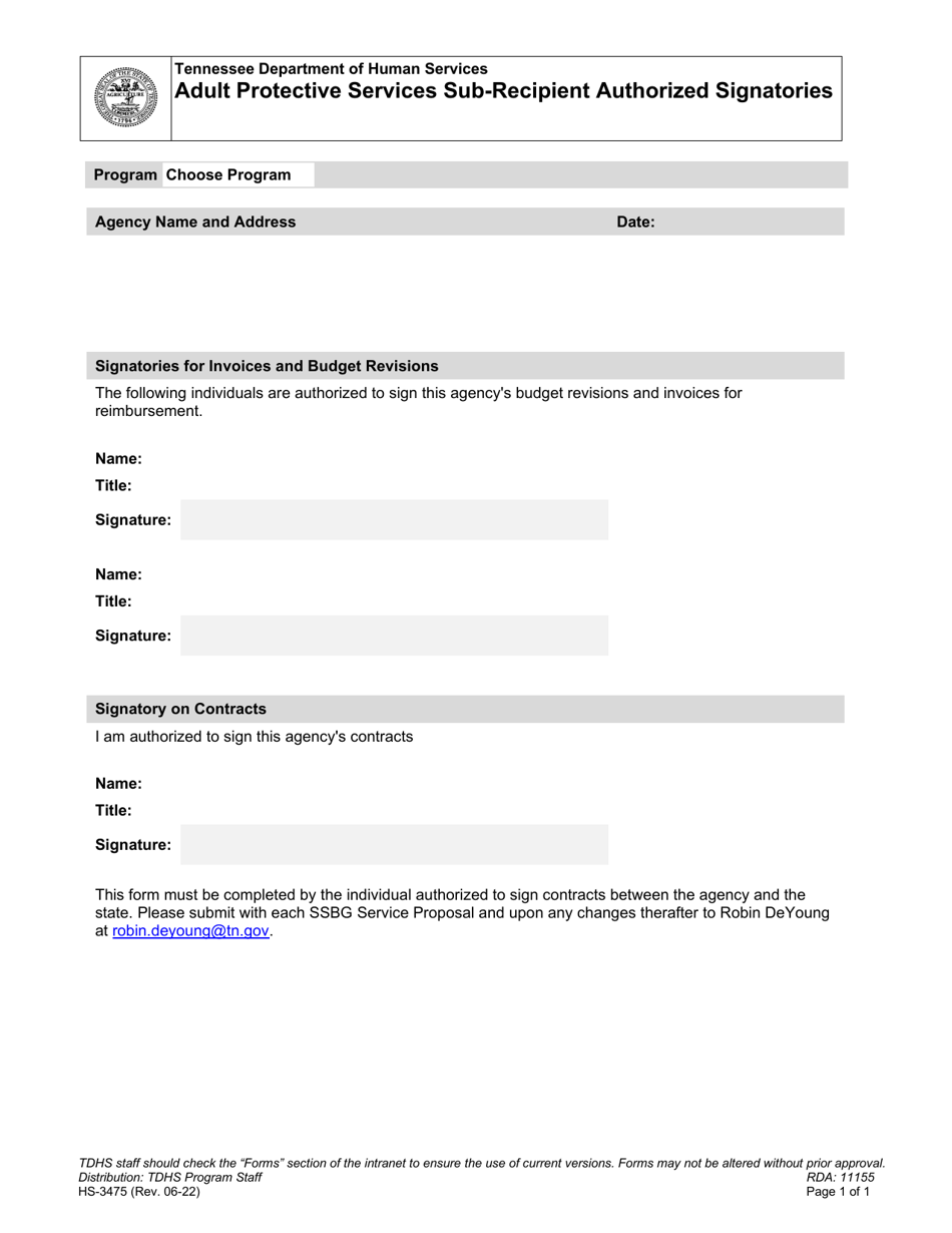 Form HS-3475 Adult Protective Services Sub-recipient Authorized Signatories - Tennessee, Page 1