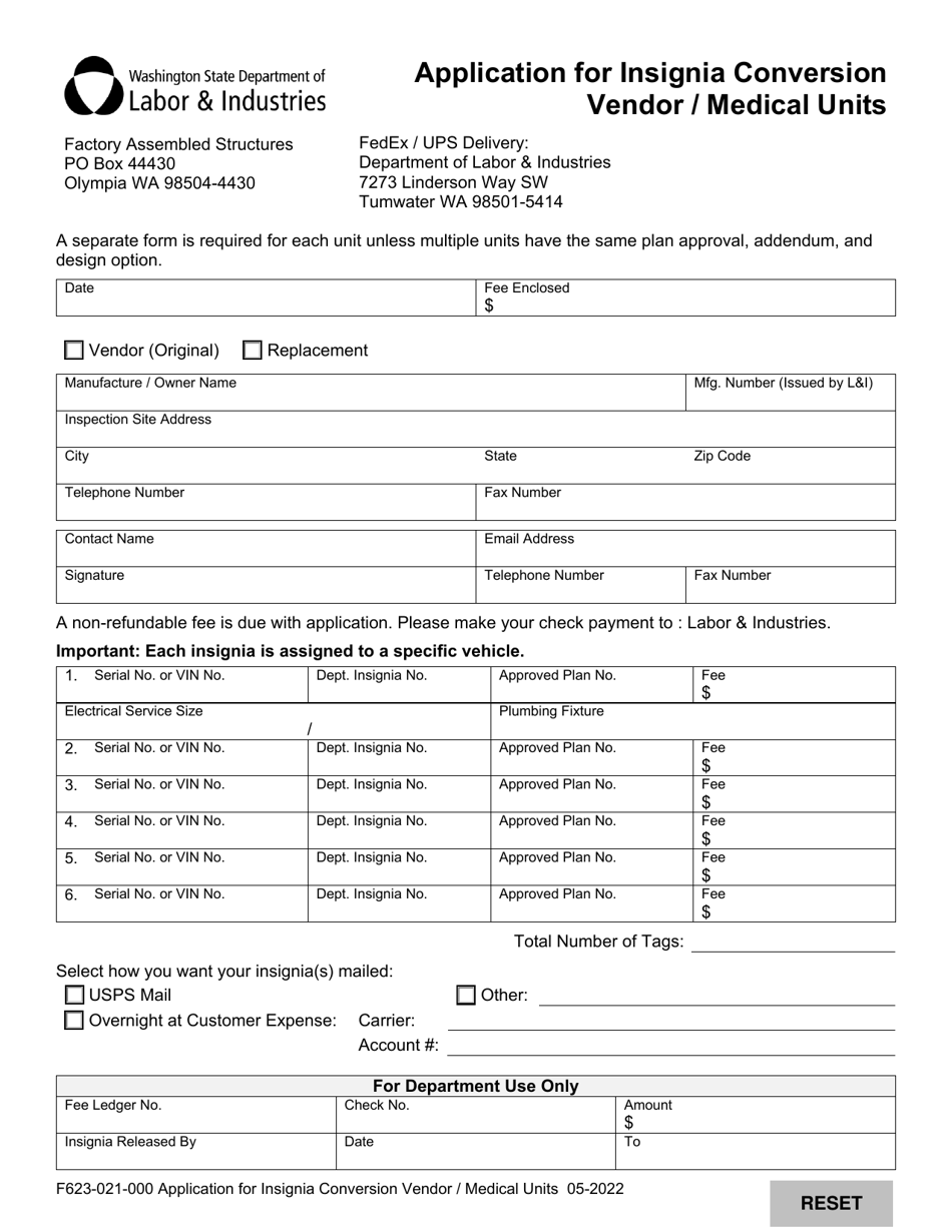 Form F623-021-000 Application for Insignia Conversion Vendor / Medical Units - Washington, Page 1