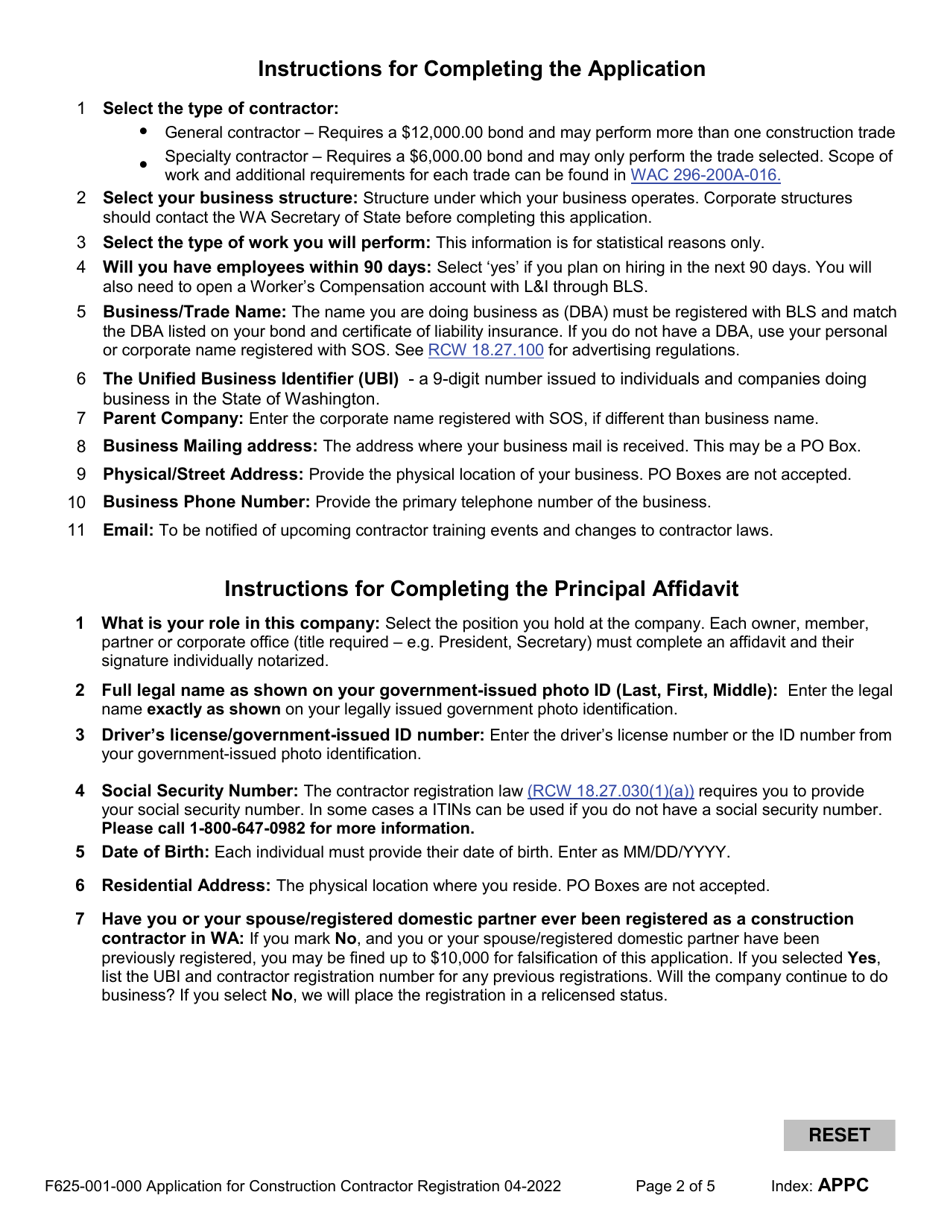 Form F625-001-000 Application for Construction Contractor Registration - Washington, Page 2
