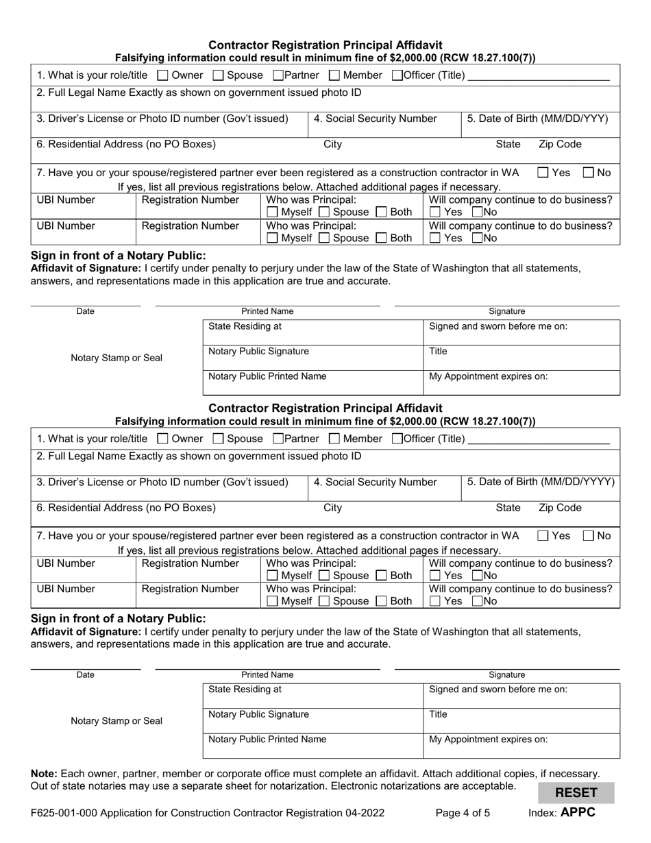 Form F625-001-000 Application for Construction Contractor Registration - Washington, Page 4