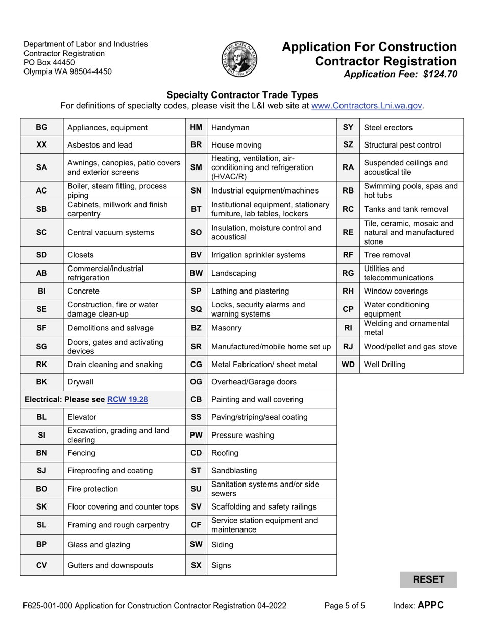 Form F625-001-000 Application for Construction Contractor Registration - Washington, Page 5
