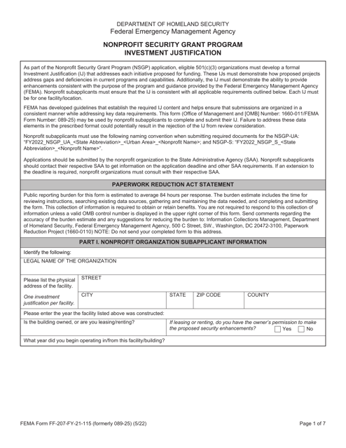 Form FF-207-FY-21-115 Investment Justification - Nonprofit Security Grant Program