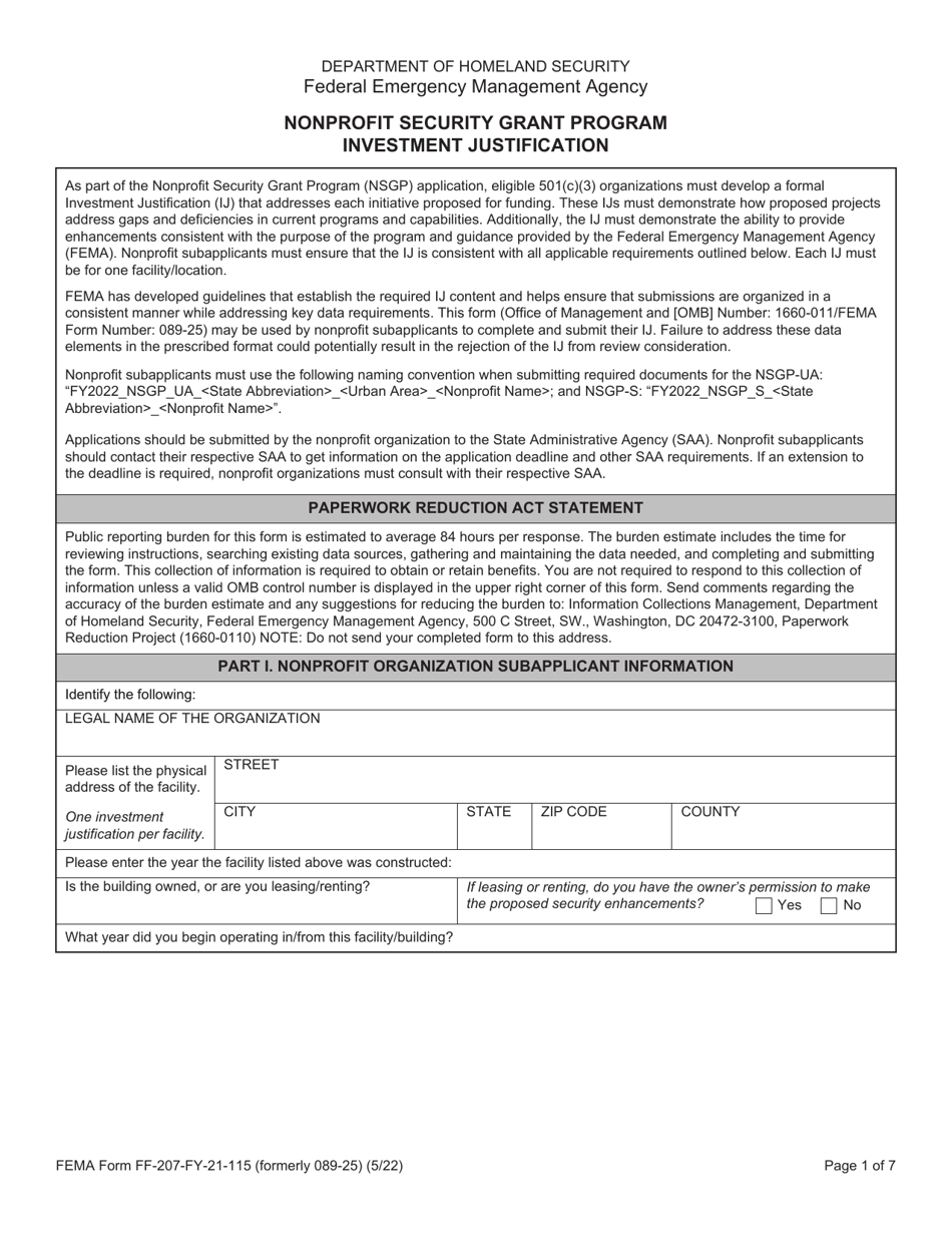 Form FF-207-FY-21-115 Investment Justification - Nonprofit Security Grant Program, Page 1