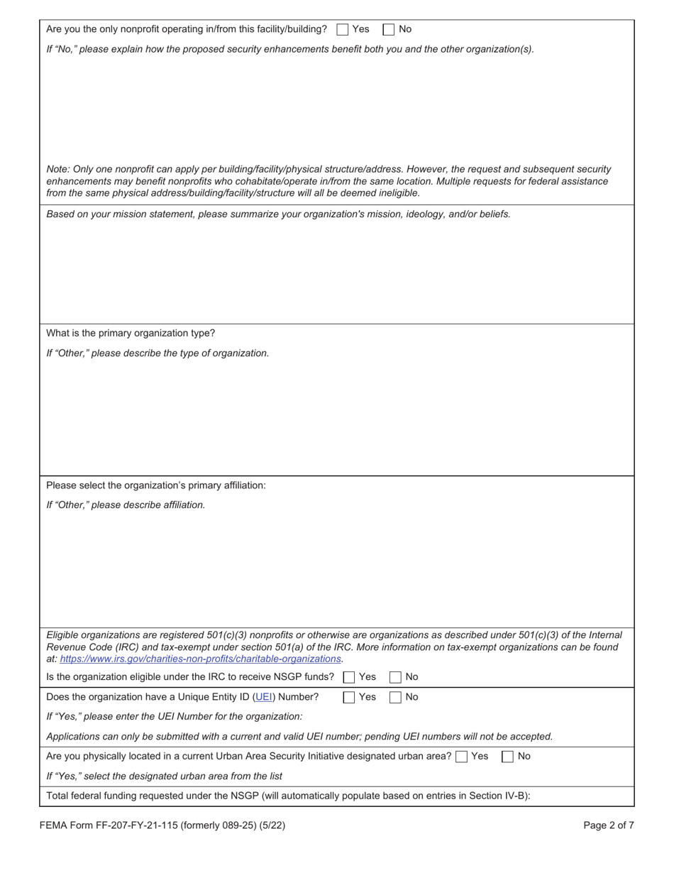 Form FF-207-FY-21-115 Investment Justification - Nonprofit Security Grant Program, Page 2
