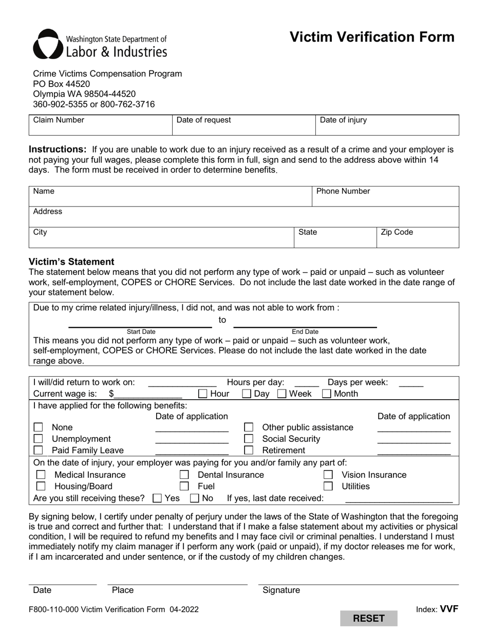 Form F800-110-000 Victim Verification Form - Washington, Page 1
