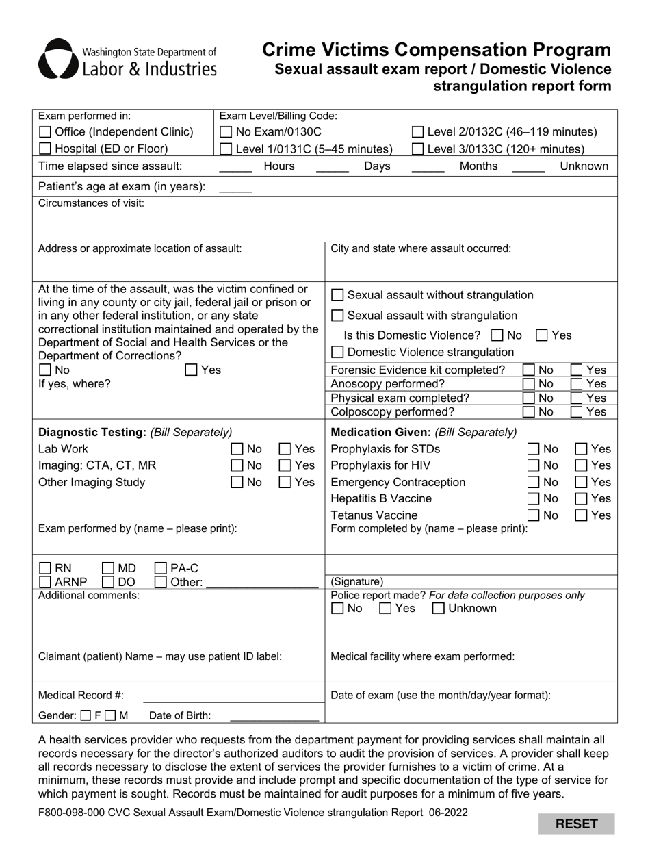 Form F800-098-000 Sexual Assault Exam Report / Domestic Violence Strangulation Report Form - Crime Victims Compensation Program - Washington, Page 1