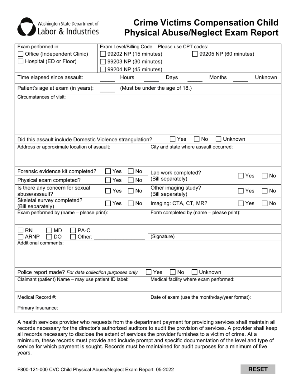 Form F800-121-000 Crime Victims Compensation Child Physical Abuse/Neglect Exam Report - Washington, Page 1