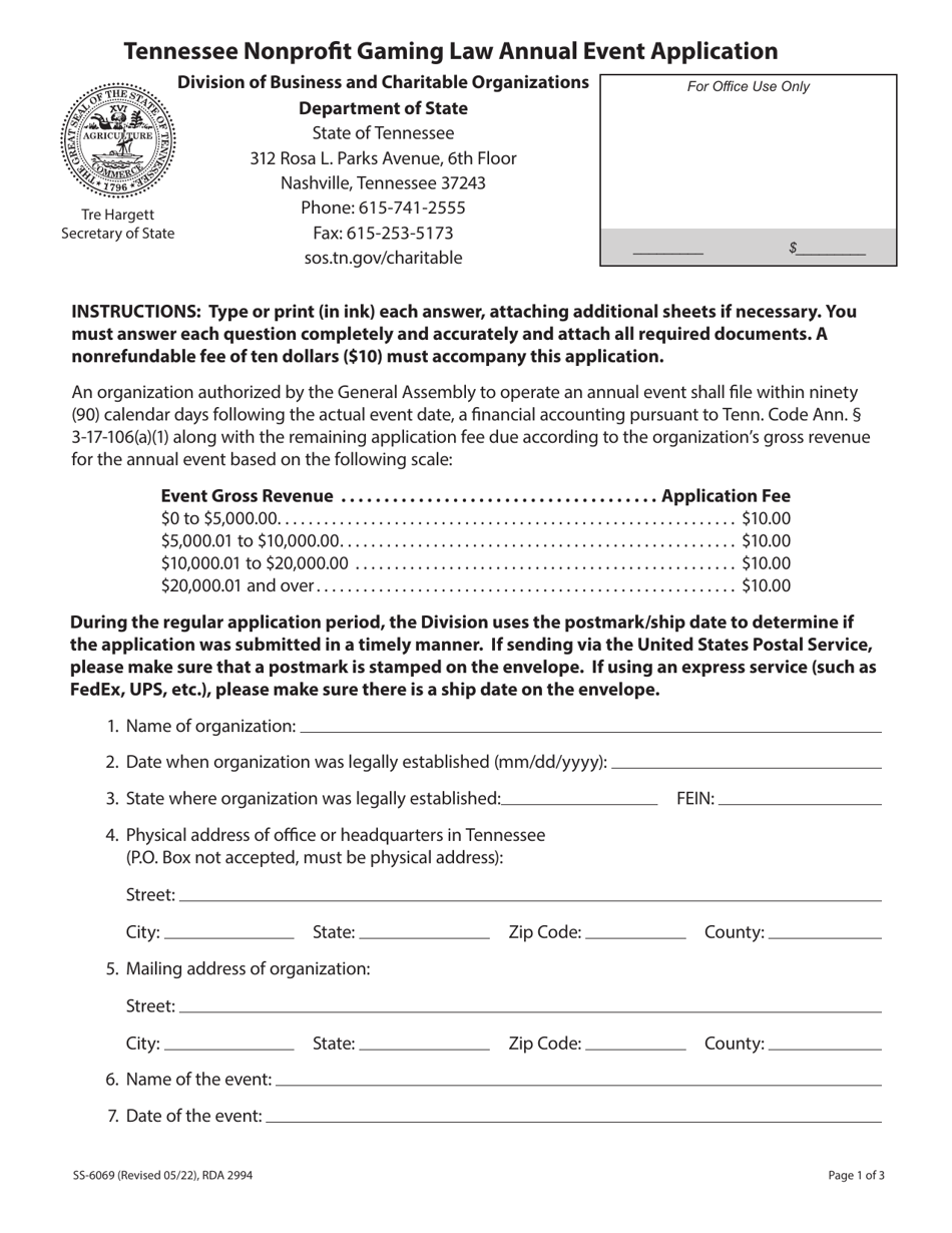 Form SS-6069 Download Printable PDF or Fill Online Tennessee Nonprofit ...