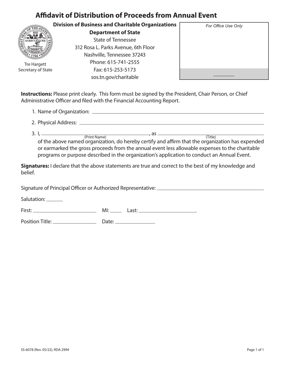 Form SS-6078 Affidavit of Distribution of Proceeds From Annual Event - Tennessee, Page 1