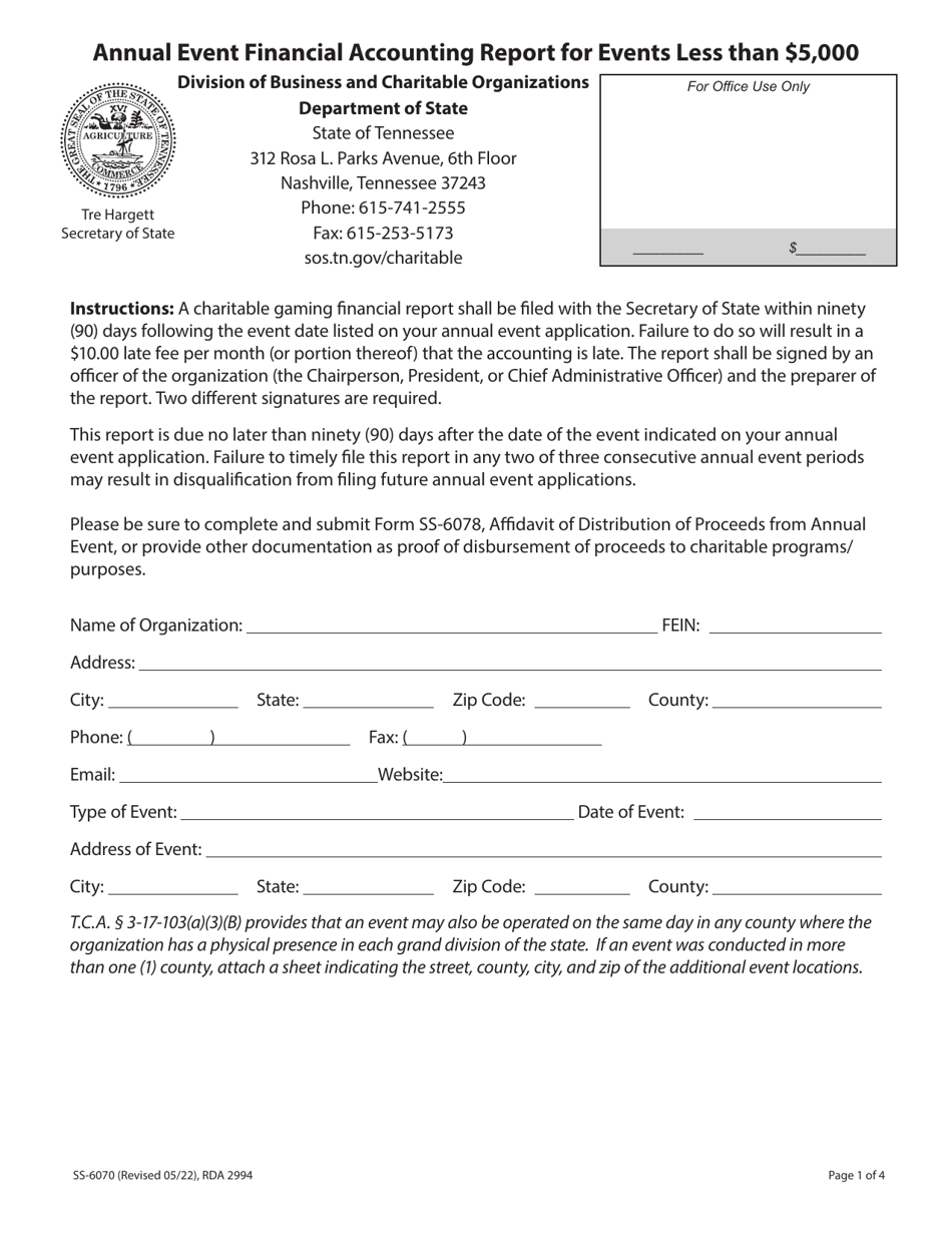 Form SS-6070 Annual Event Financial Accounting Report for Events Less Than $5,000 - Tennessee, Page 1