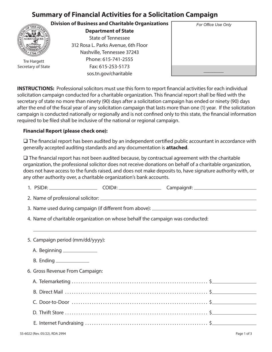 Form SS-6022 Summary of Financial Activities for a Solicitation Campaign - Tennessee, Page 1