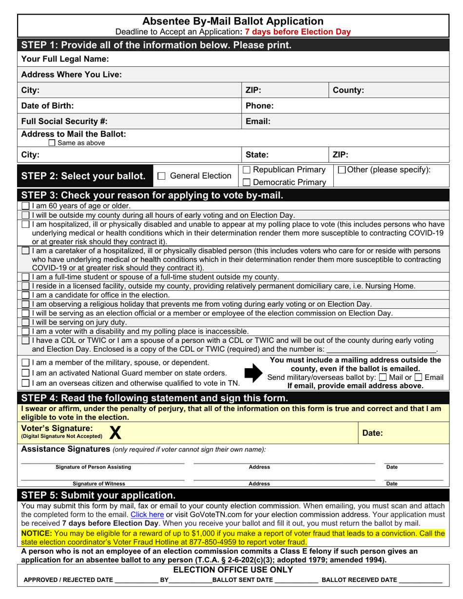 Absentee by-Mail Ballot Application - Tennessee, Page 1
