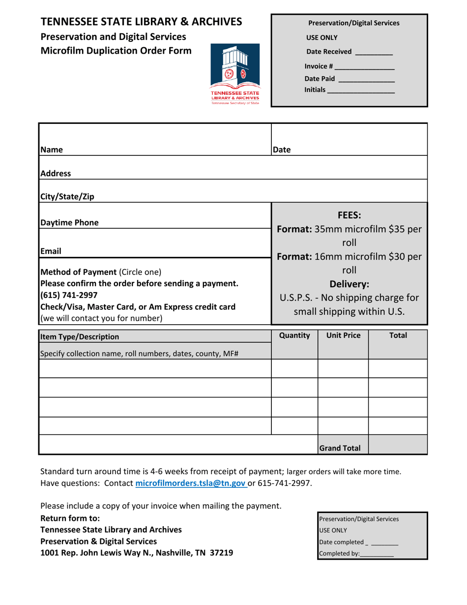 Microfilm Duplication Order Form - Tennessee, Page 1