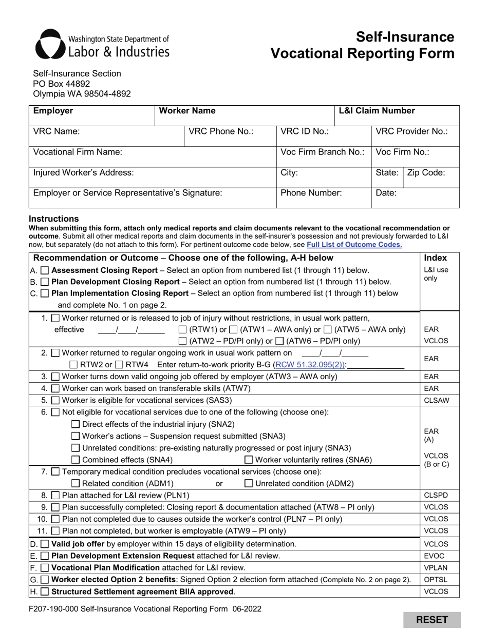 Form F207-190-000 Self-insurance Vocational Reporting Form - Washington, Page 1