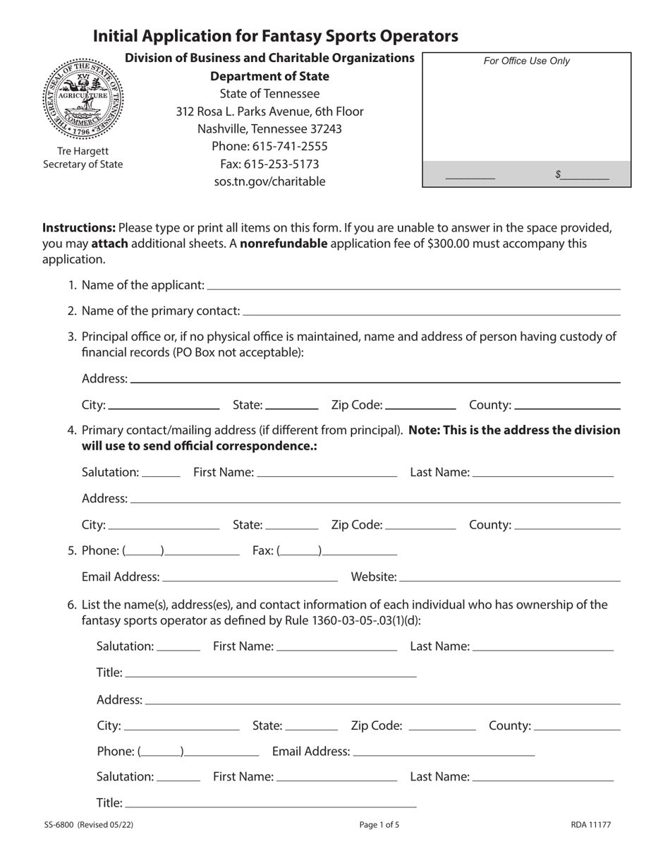 Form SS-6800 Initial Application for Fantasy Sports Operators - Tennessee, Page 1
