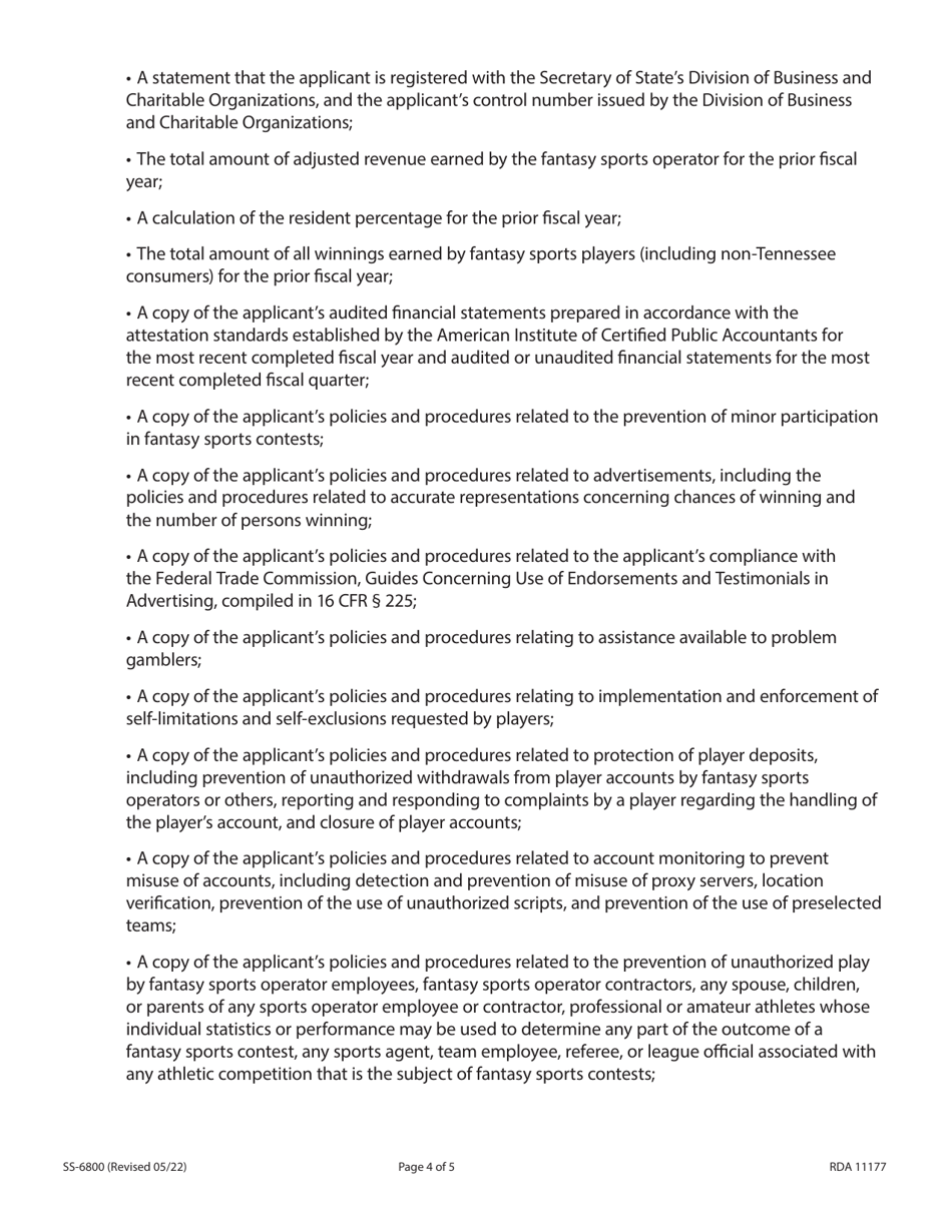 Form SS-6800 Initial Application for Fantasy Sports Operators - Tennessee, Page 4