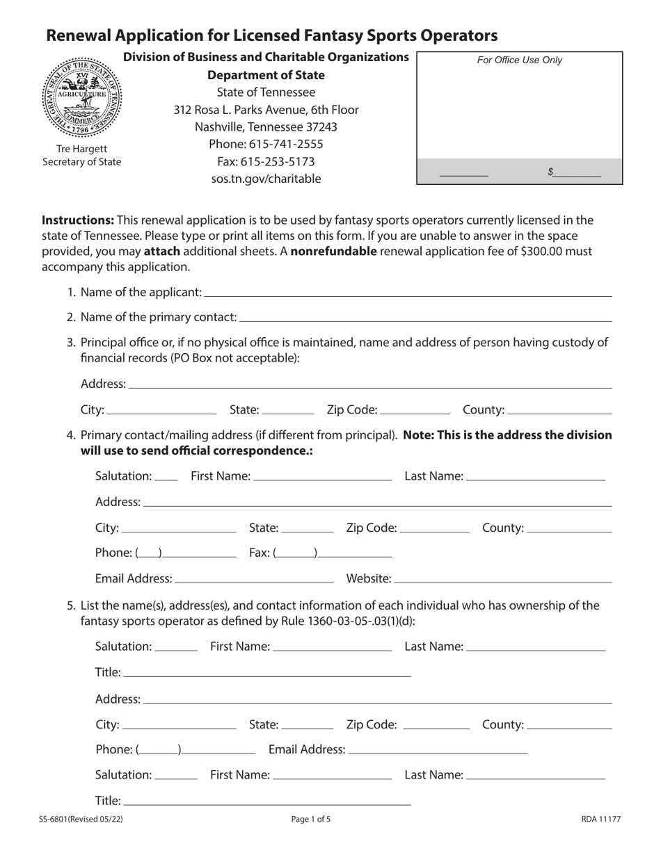 Form SS-6801 Renewal Application for Licensed Fantasy Sports Operators - Tennessee, Page 1