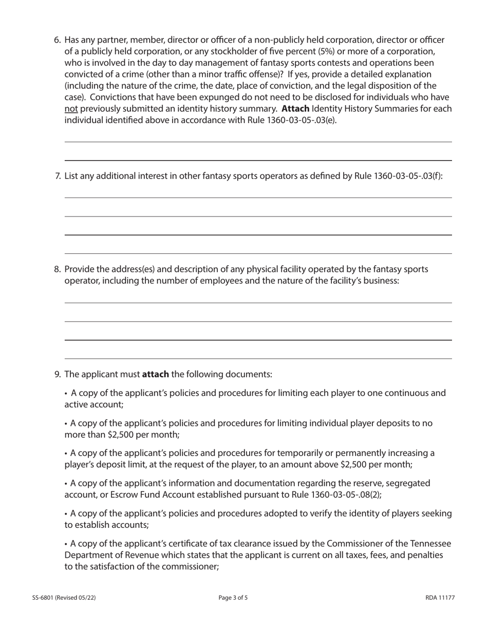 Form SS-6801 Renewal Application for Licensed Fantasy Sports Operators - Tennessee, Page 3