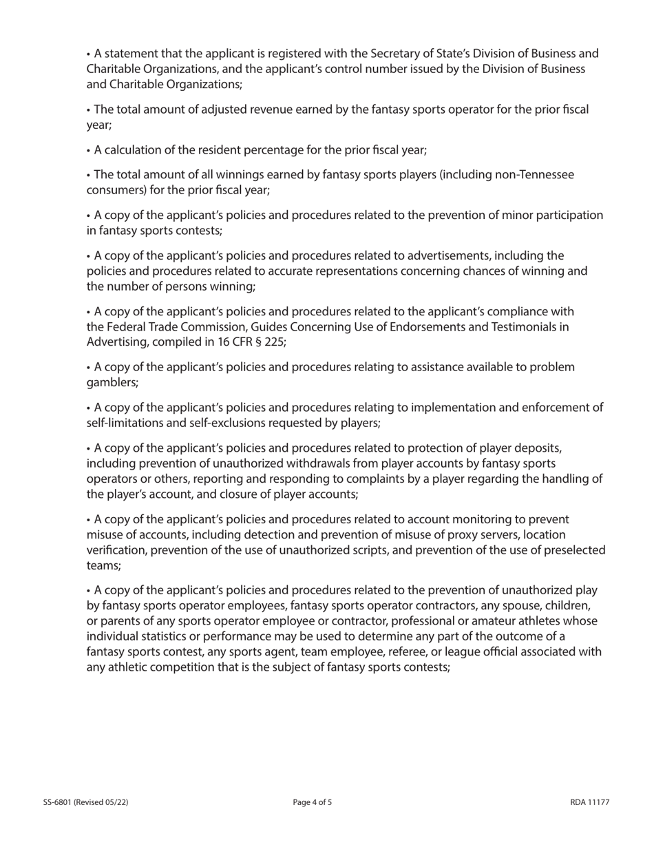 Form SS-6801 Renewal Application for Licensed Fantasy Sports Operators - Tennessee, Page 4