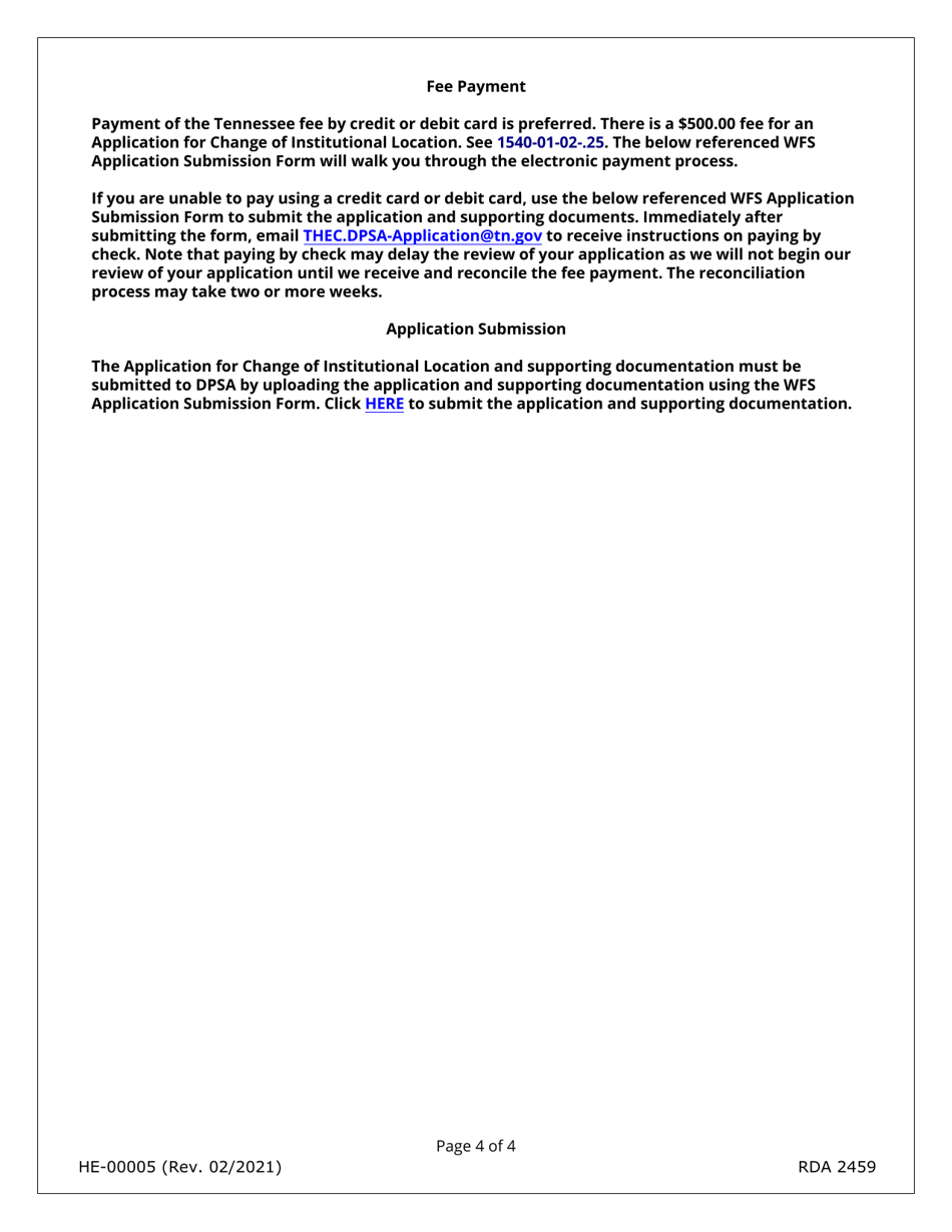 Form HE-0005 Application for Change of Institutional Location - Tennessee, Page 4