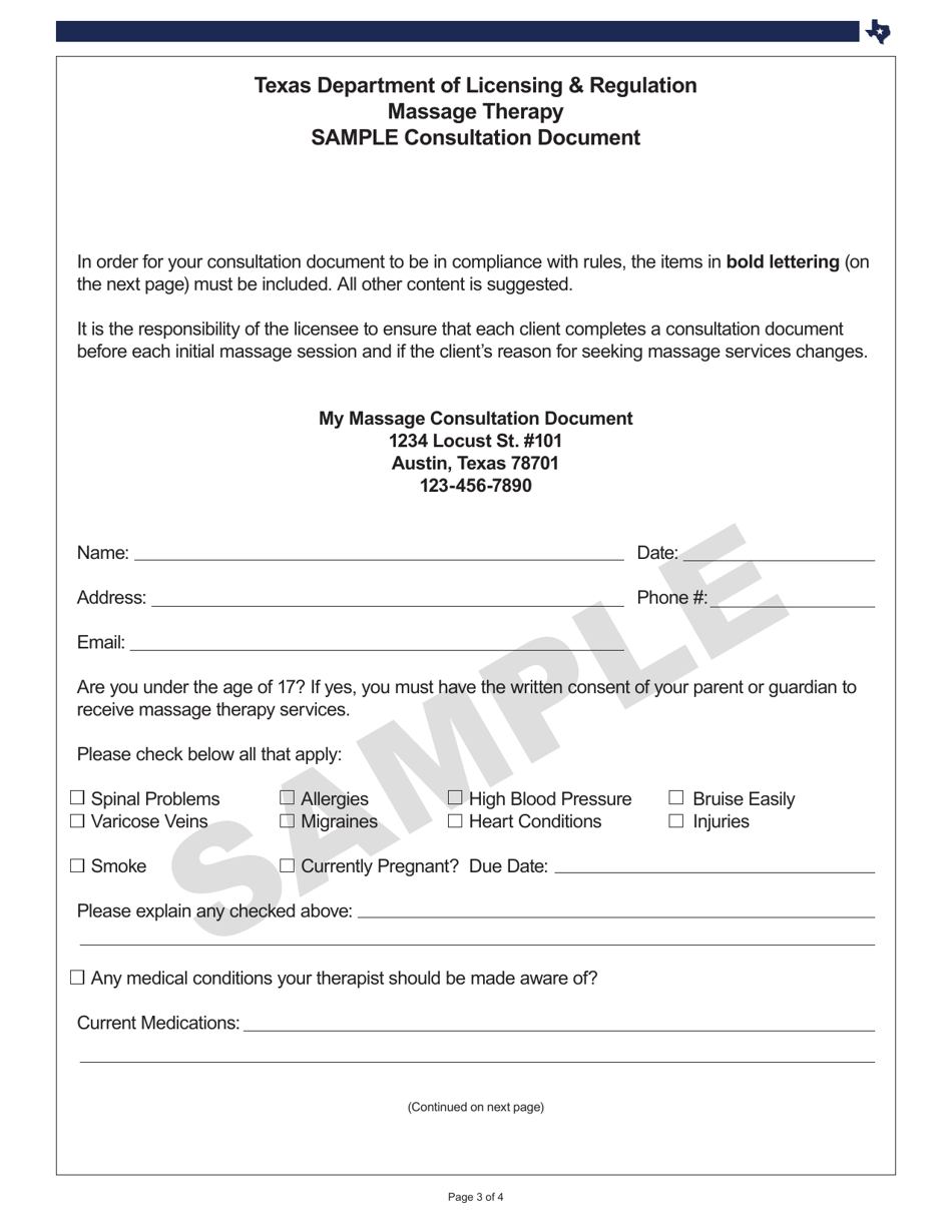 Massage Therapy Consultation Document - Sample - Texas, Page 3
