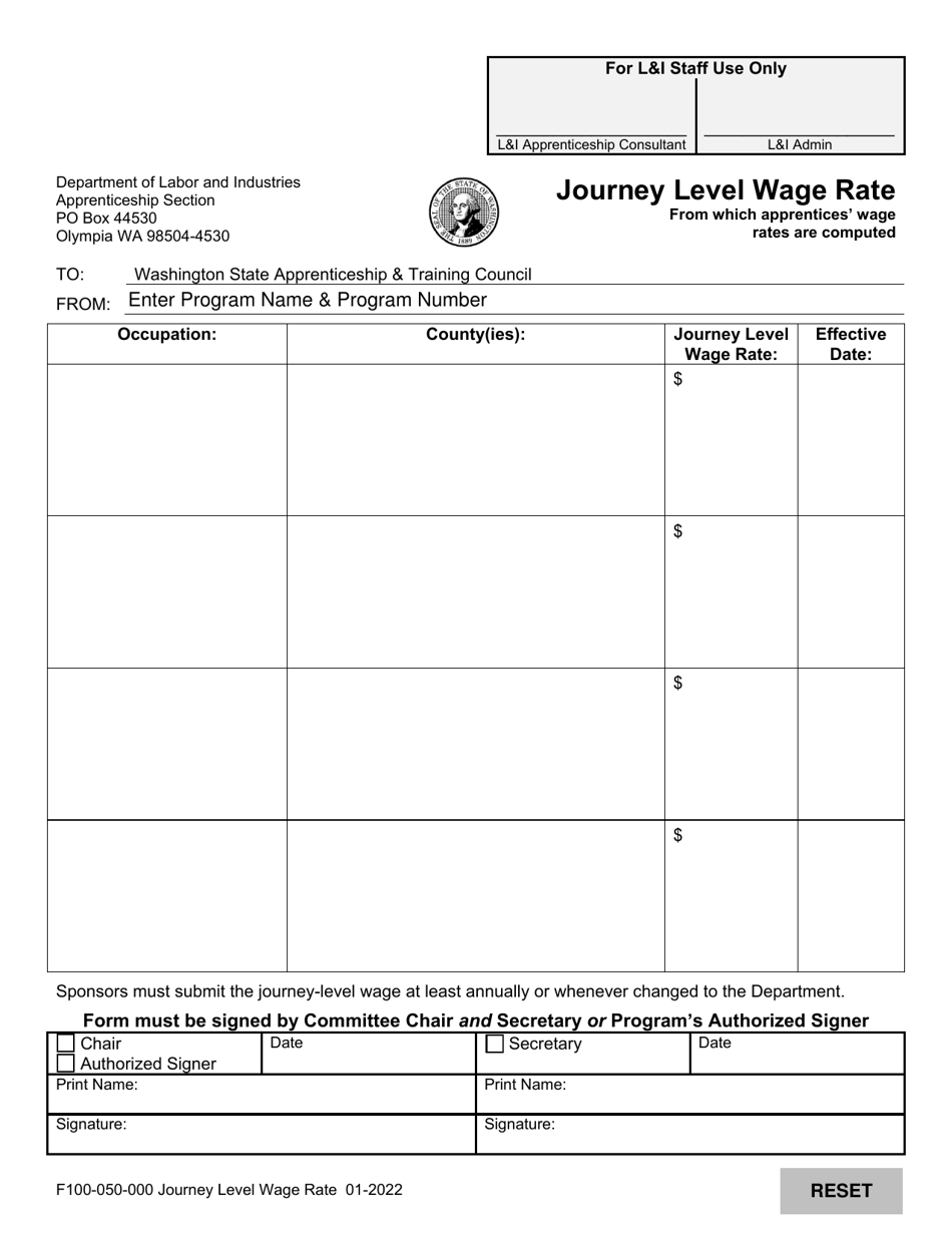 Form F100-050-000 Journey Level Wage Rate - Washington, Page 1