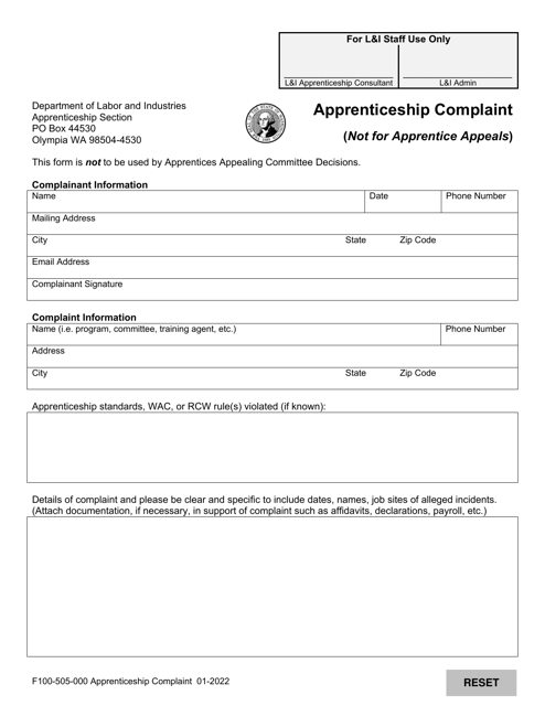 Form F100-505-000 Apprenticeship Complaint (Not for Apprentice Appeals) - Washington